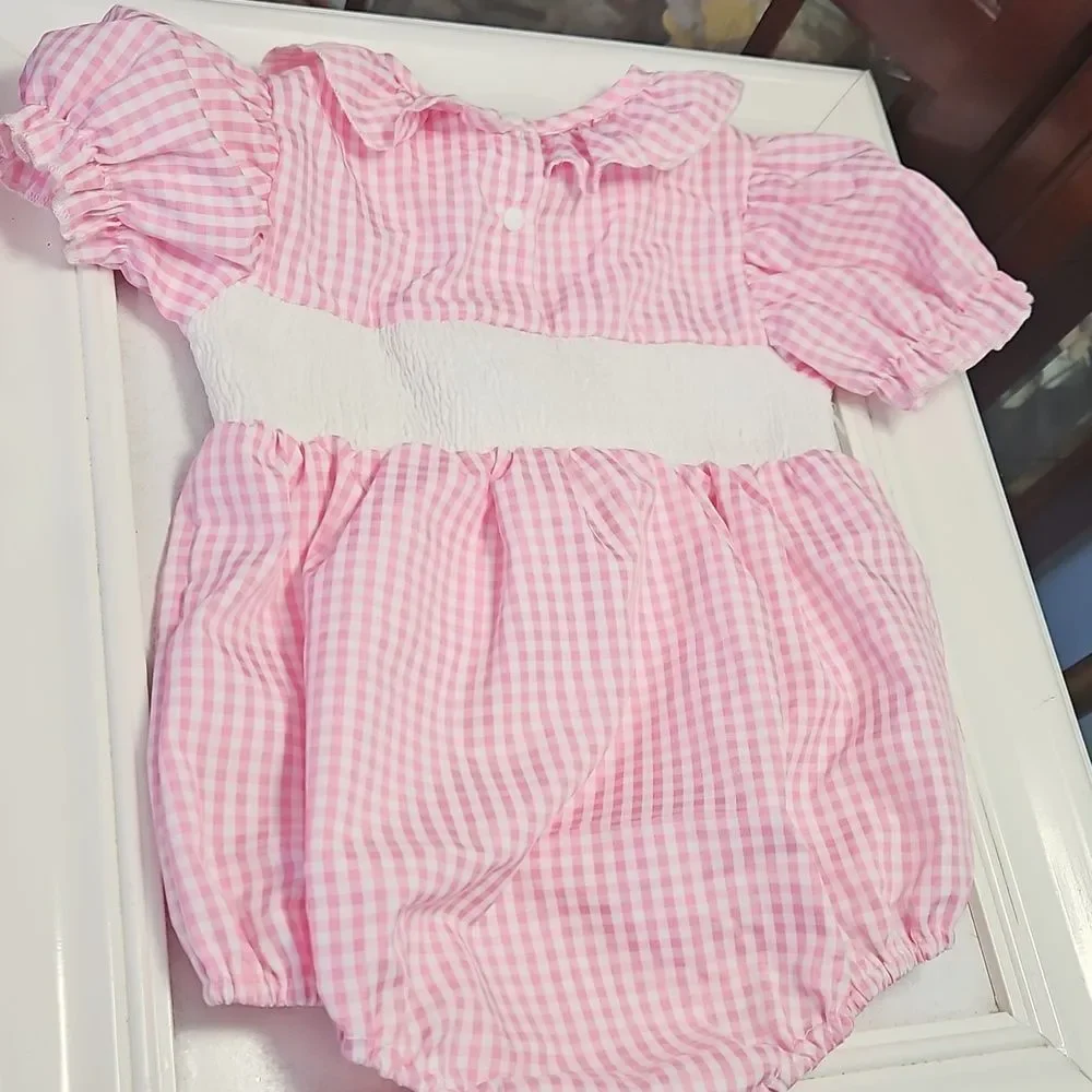 Pink And White Gingham Embroidered Romper Size 12-18 Months